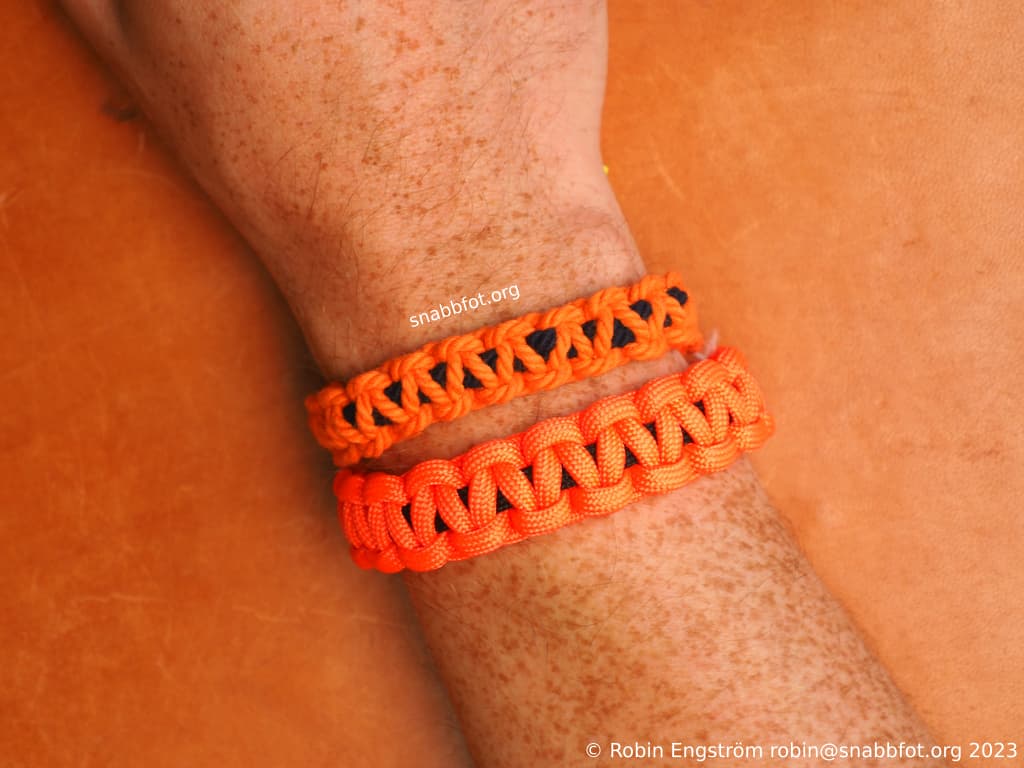 Två snören fästa i ett spänne