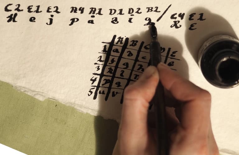 Matris/kordinatsystem som är 5x5 stort med i fylda bokstäver