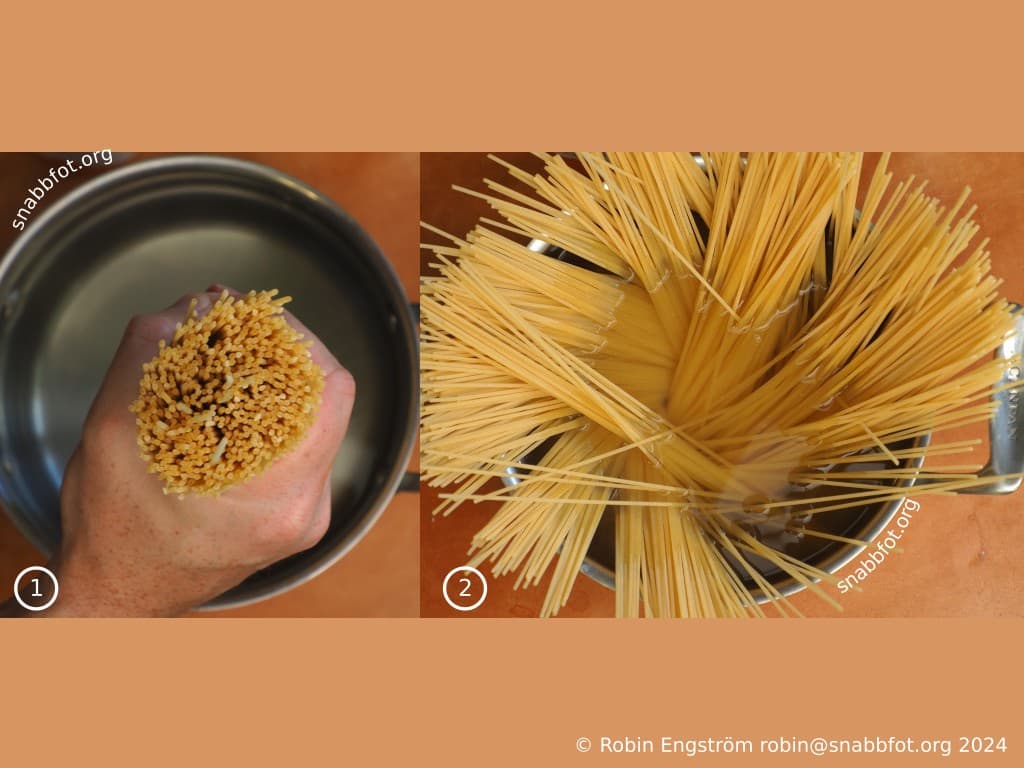 Spaghetti i en kastrull med vatten