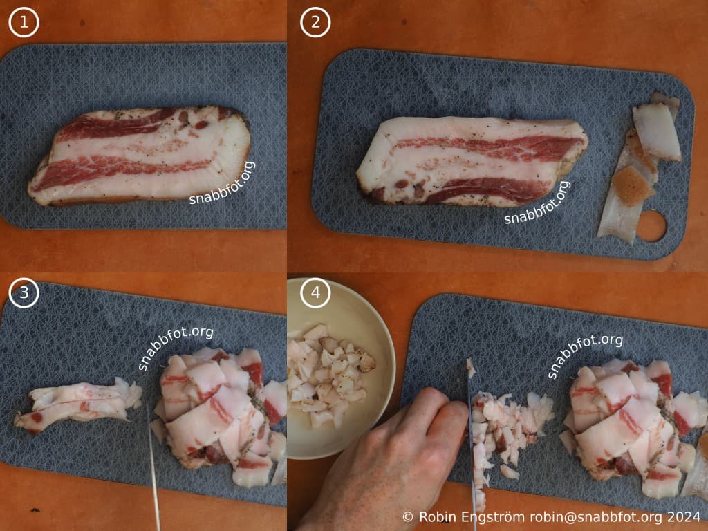 Guanciale hackas ner i små bitar